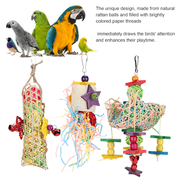 3kpl Rattan Paper Bird Hanging Cage -lelut koukulla, papukaijojen pureskeluleluvaruste