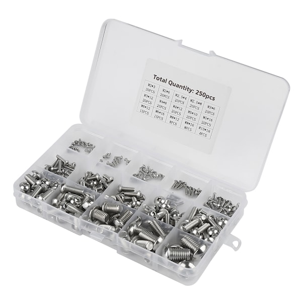 250 st M2/ M2.5/ M3 /M4/ M5/ M6/ M8/ M10 Maskinskruvar Set för Laptop/Tangentbord/Telefon/PC (Hexagon Socket Screw Bolt)