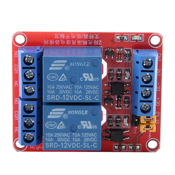2-kanals relämodul med optokopplarisolering hög- och lågnivåutlösare (12V)