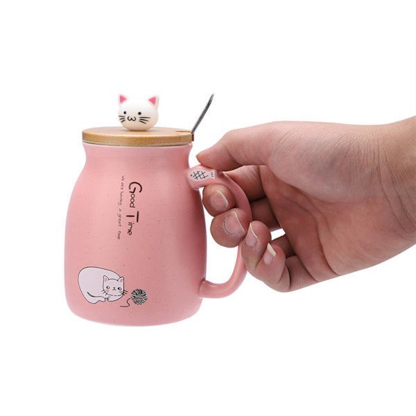 1 stk. Nydelig Katte Keramikk Kopp med Skje og Lokk Kaffe Vann Melk Krus for Drikkevare Gave (Rosa)