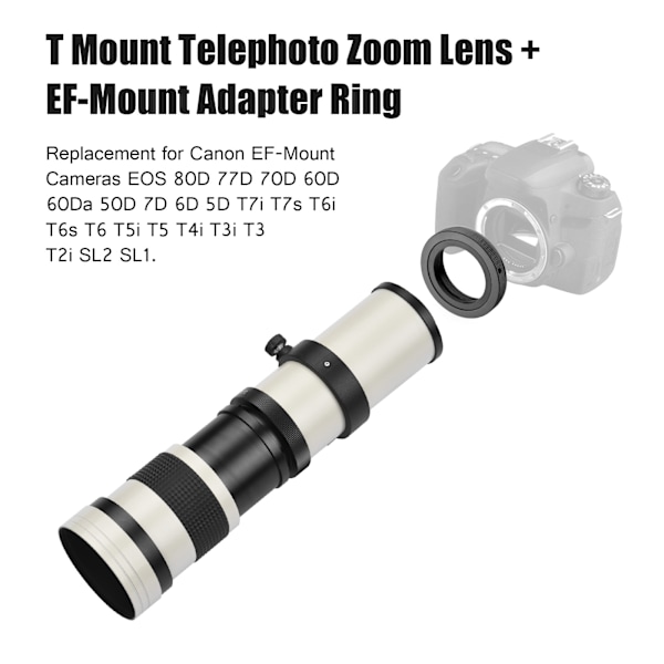 Kamera Superteleobjektiivi T-kiinnityssovitinrengassarja Manuaalinen tarkennus Superzoom-objektiivi 1/4 ruuvinreiällä EF-kiinnitykselle 80D 77D 70D 60D