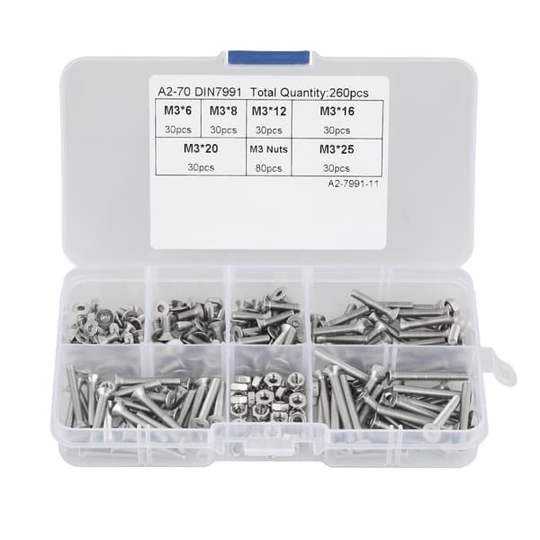 260-dels M3 304 Rostfritt Stål Hex Socket Platthuvskruvar Muttrar Kit Med Låda