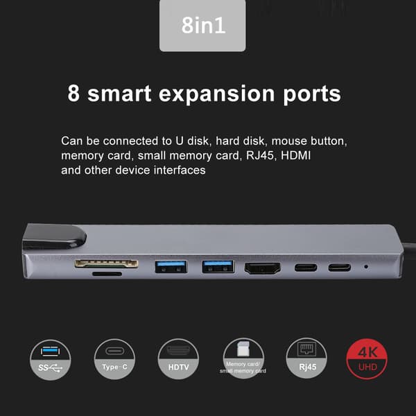 8-i-1 Hub Type-C til HDMI RJ45 PD USB Dockingstasjon Type-C Hub Splitter Konverter Adapter