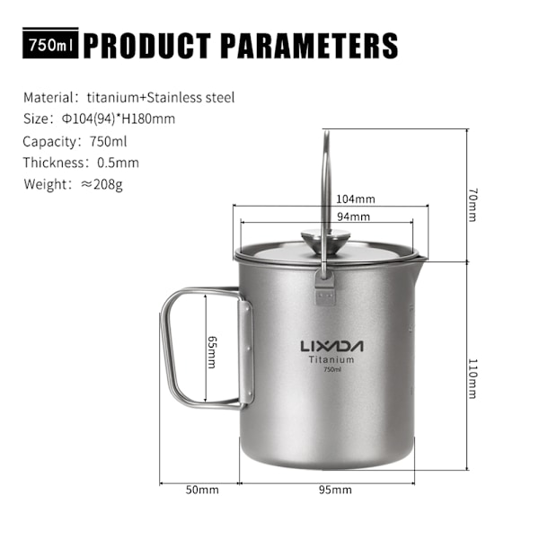Lixada 750ml Titankaffekopp Mugg Fransk Press Kaffebryggare med Lock Utomhus Camping Kokkärl