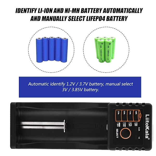 Liitokala Lii-100 Mini Monitoiminen USB 1.2V / 3.7V / 3V / 3.85V Akkulaturi