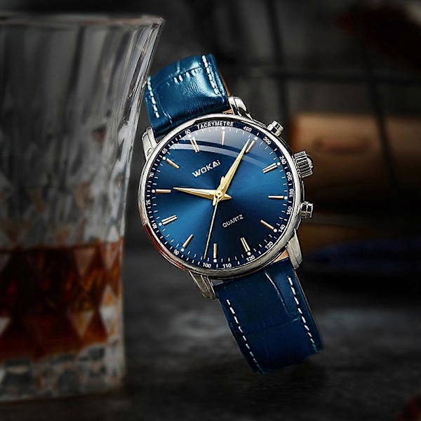 Nyt Herreur Blå Læderrem Rund Urskive Analog Quartz Armbåndsur Mand Daglig