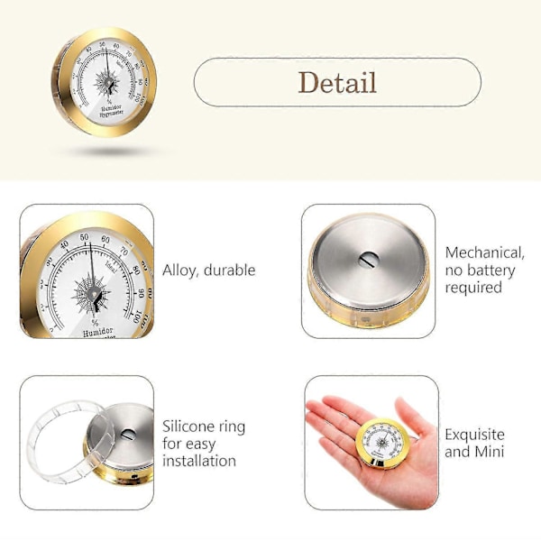 2 Styk Hygrometer Analog Hygrometer Mekanisk Rund Hygrometer Fugtmåler til Skab Dåser, 2 Tommer (Guld)