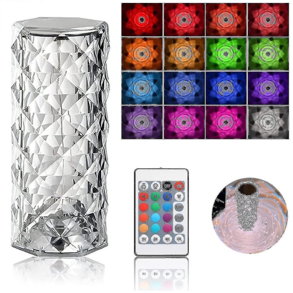 Krystall Diamant Bordlampe, 16 Farger USB-Lading Touch Lampe Sengelampe Nattlys Med Fjernkontroll