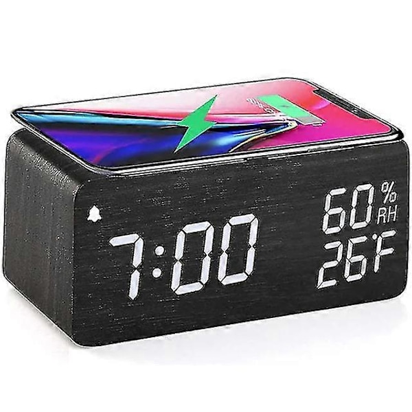 Trä Digital Väckarklocka Med Trådlös Laddning 3 Väckarklocka Led-displayer Ljudstyrning Och Snooze För Sovrum Kontor