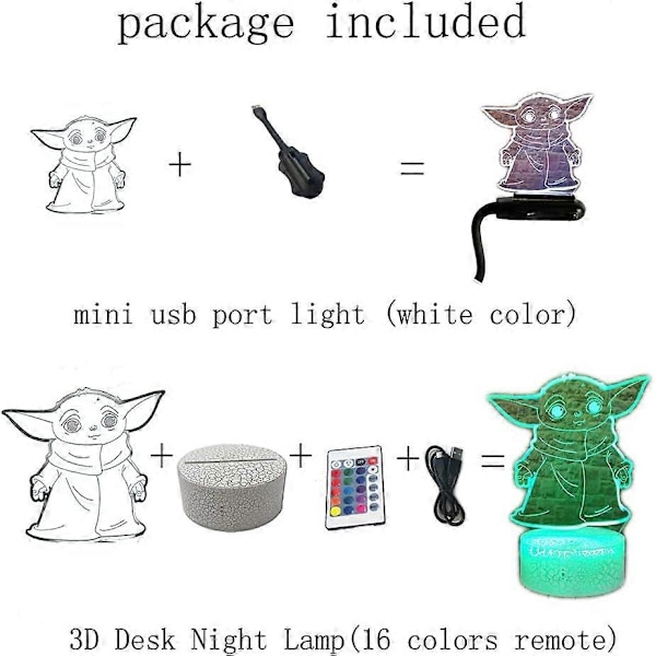 SBSG Baby Yoda 3D Illusion LED Animelampa 16 Färger RGB Fjärrkontroll Barnrumsnattlampa för Pojkar