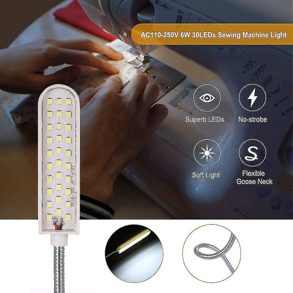 Led symaskinlampe 6w fast sokkellampe, fleksibelt rør gåsehalsdesign for husholdningsoppgaver (1ps)