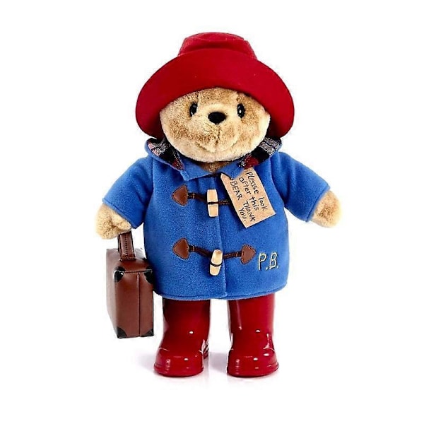 Klassisk Paddington Bear med Stövlar - Stående Plysch - Mjuk och gosig Paddington nallebjörn med ikonisk duffelrock, djungelhatt och glänsande röd