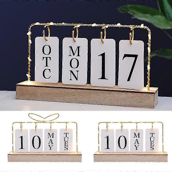 Metalramme LED Lys Dekor Hjerteformet Bordkalender Træbase Flip Evighedskalender