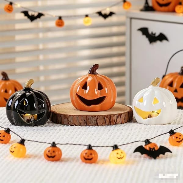 Halloween gresskarlys, uthulet glødende keramisk gresskarpynt for utendørs festdekorasjon Style 2