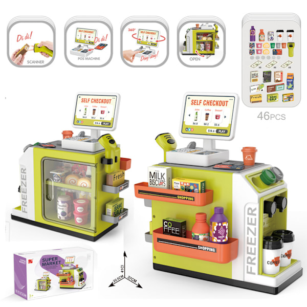 Lekesett for barn med simulert lyd og lys, vanndispenser, supermarked, kasseapparat, kaffemaskin og salgsdisk