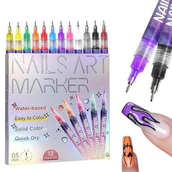 Fine Tips 3D Neglekunstpenner, 12 Farger 0,5 MM Neglelakkpenner Neglespiss Graffiti Prikkepenn Tegning Maling Liner Pensel for Hjemmesalong Rask DIY N