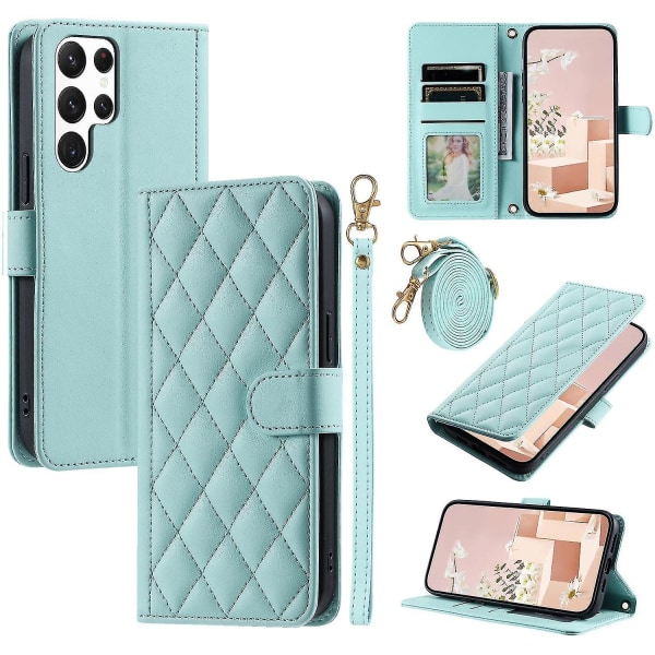 For Samsung Galaxy S22 Ultra 5G Case Rhombus Grid Crossbody Wallet Phone Protector - Mint Green