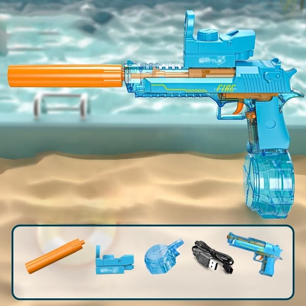 Elektrisk vandpistol legetøj, Desert Eagle design, højtryks automatisk vandskyder med sigtekorn, orange og grå