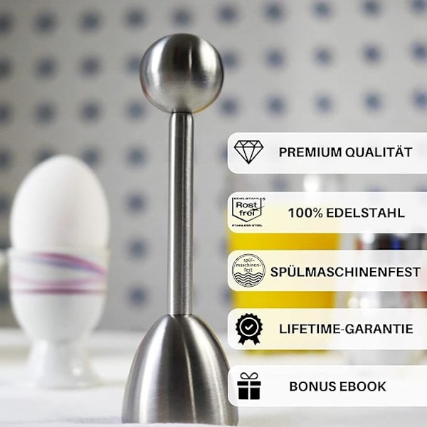 Premium eggdeksel i rustfritt stål I Tidsbesparende eggåpner ★ Eggkutter ★ Bonus: Gratis e-bok med uimotståelige eggoppskrifter