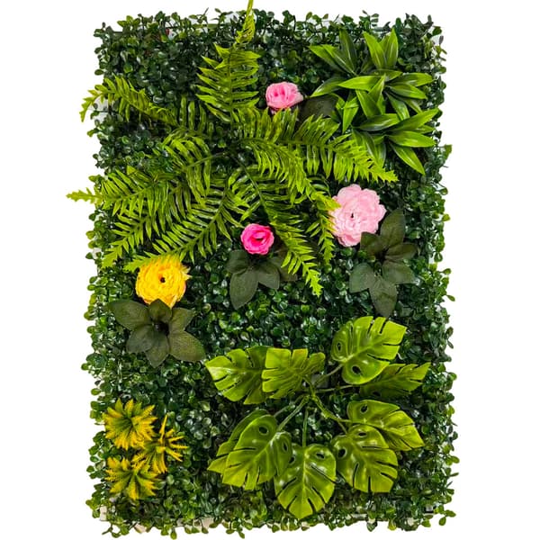 Kunstig Plantevægspanel, Grøn Baggrund med Blomster til Indretning