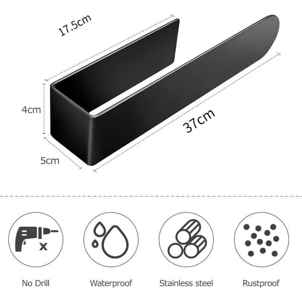 Svart håndkleholder til baderom. Rustfritt stål. Selvklebende. Håndklestang (37 cm)