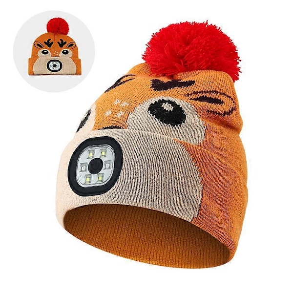 Børnehat med LED-lys, Vinterhat Børn LED-hat, USB Genopladelig 4 LED Lampe Vinter varm Pandelampe Strikket Hat, Gave til Drenge Piger