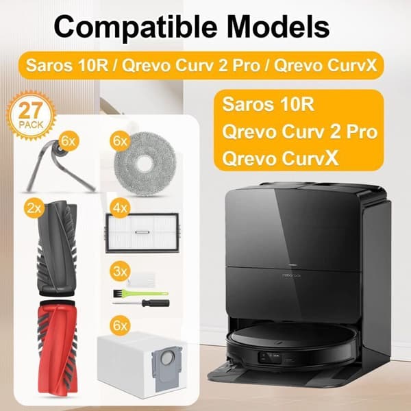 Saros 10R tilbehørssæt til Roborock Saros 10R / Qrevo CurvX/Curv 2 Pro tilbehør 10R reservedele: 2 hovedbørster, 6 støvposer, 6 mopper