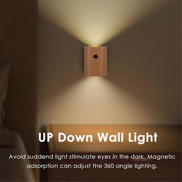 Trä LED Vägglampa Människokroppssensor Infraröd Nattlampa USB Laddning Skåp Garderobslampa B