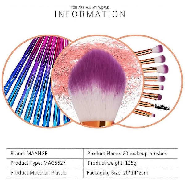 Makeupbørster, 20 stk. Børstesæt til at blande pudderfundament, concealer, blush