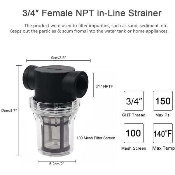 3/4 tommer inline vandpumpefilter med 100 mesh rustfrit stålfilter. Inline meshfilter til havevanding