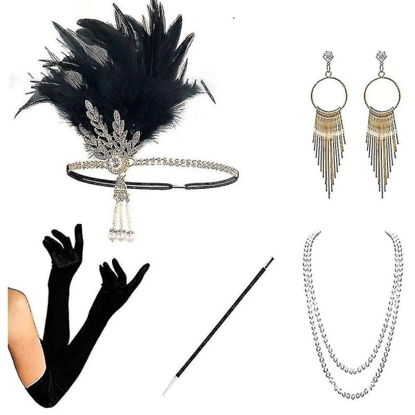 1920'er tilbehørssæt Flapper pandebånd, øreringe, perlehalskæde, handsker, netstrømpebukser, perlearmbånd