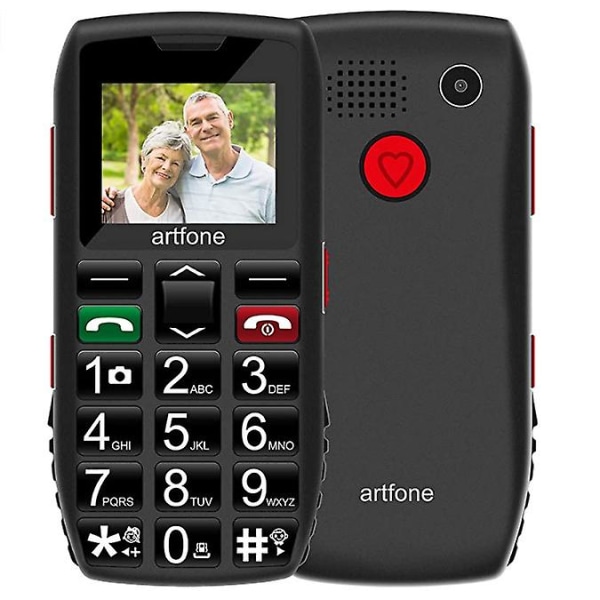 Ulåst seniormobiltelefon med store knapper - Sos-knap - Fm-radio - Bokshøjttaler - 1400 mah batteri - Lommelygte og ladestation, sort