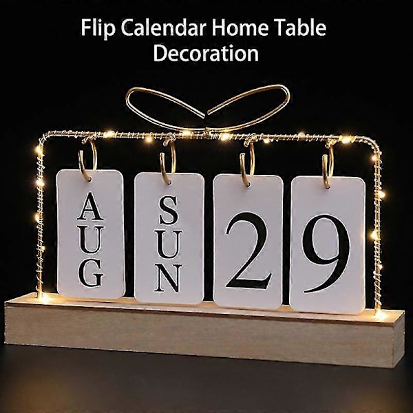 Metalramme LED Lys Dekor Hjerteformet Bordkalender Træbase Flip Evighedskalender