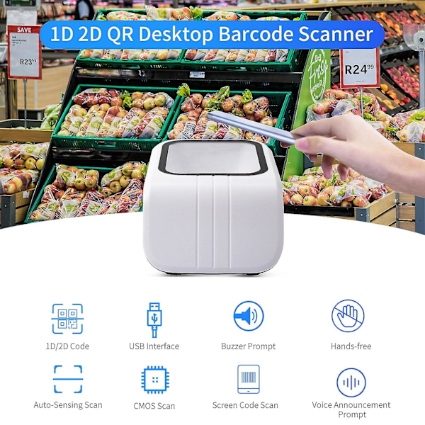1D 2D QR-streckkodsläsare med röstmeddelande, USB-ansluten, handsfree CMOS-bildsensor, skrivbordsskanner, stor skanning
