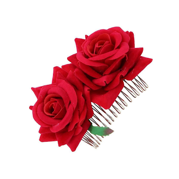 Hårkam med roseblomst, blomstrete hårtilbehør, hodeplagg for kvinner, jenter, bryllup (Rød)