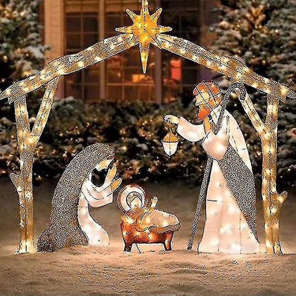 Valaistu seimi ulkona, joulun pyhän perheen pihakoristeet, seimisetit ulkona jouluun, pääsiäiskoristeet valaistut