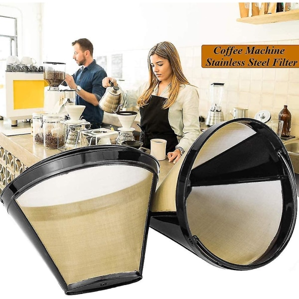 Gjenbrukbare kaffefiltre i rustfritt stål - 2-pakning, finmasket, permanent filter med håndtak