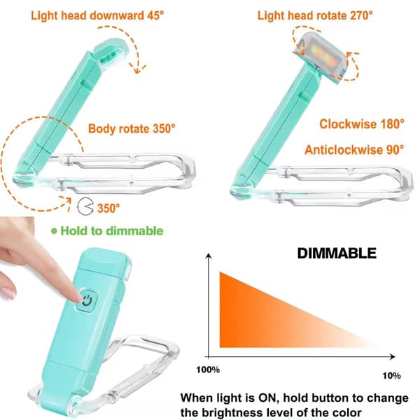 Oppladbar USB-kortleselampe Multifunksjonell klemmeboklampe for notelesing