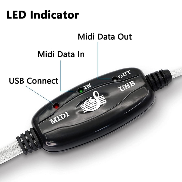 USB midi kabeladapter, USB typ A hane till midi din 5 stifts in-ut kabelgränssnitt med ledindikator