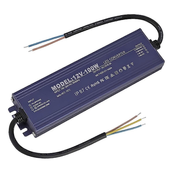12V LED Driver IP67 Vanntett 12V 100W Strømforsyning Transformator 100-264V AC til 12Volt DC Lav Volta