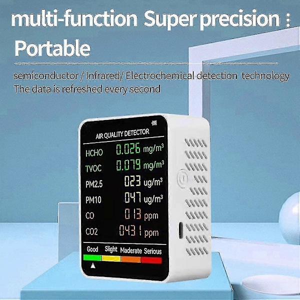 6-i-1 PM2.5 PM10 HCHO TVOC CO CO2 Luftkvalitetsdetektor CO CO2 Formaldehydmonitor Hjem Kontor Luft