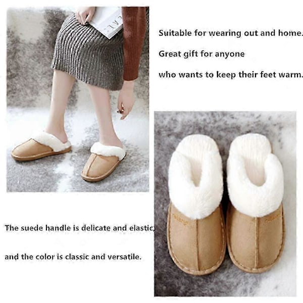 Dame og Herre Hjemmesko Fluffy Memory Foam Slip-on Hjemmesko med Anti-Skridsikker Sål Indendørs Udendørs, Khaki 38-39