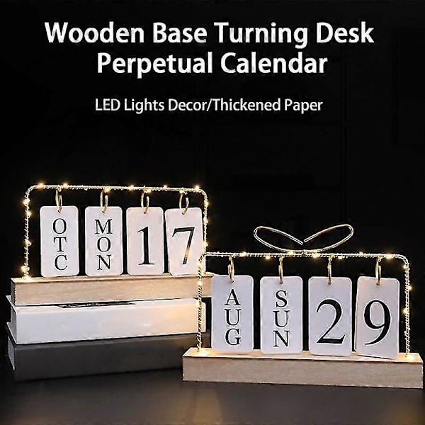 Metalramme LED Lys Dekor Hjerteformet Bordkalender Træbase Flip Evighedskalender
