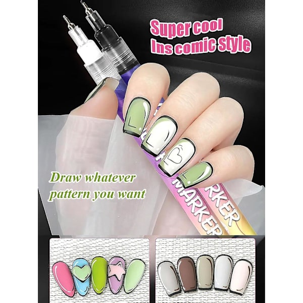 Fine Tips 3D Nagelkonstpennor, 12 Färger 0,5 MM Nagellackspennor Nagelpunkt Graffiti Prickpenna för Hemsalong Snabb DIY Nagelkonst