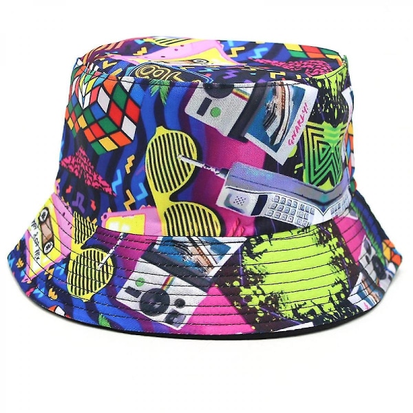 Retro 80'er 90'er Bucket Hat Halloween Vintage Print Neon Hat Funky Moderne Geometriske Trekanter Travel Fisherman Cap