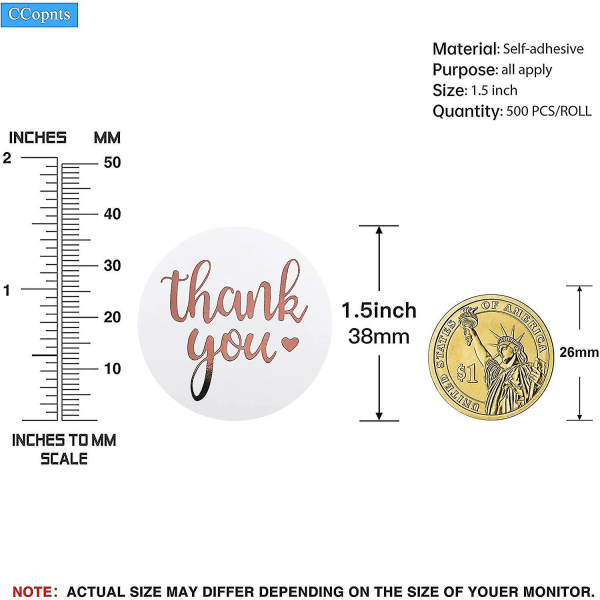 1,5 tuuman kiitos-tarrat rullassa, 500 kpl ruusukultaisia kiitos-tarroja leivontaan