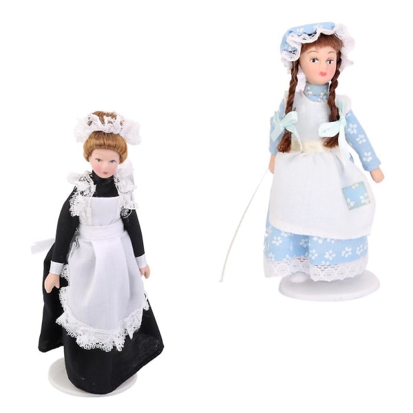 2 Pieces Dollhouse Miniature Posliininukke Viktoriaaninen palvelijatar Lady Girl -nukke