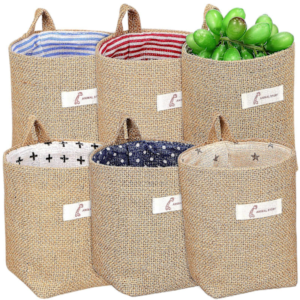 6 stk. vegghengende oppbevaringsposer bomulls linstoff oppbevaringskurv organizer for dørvegg