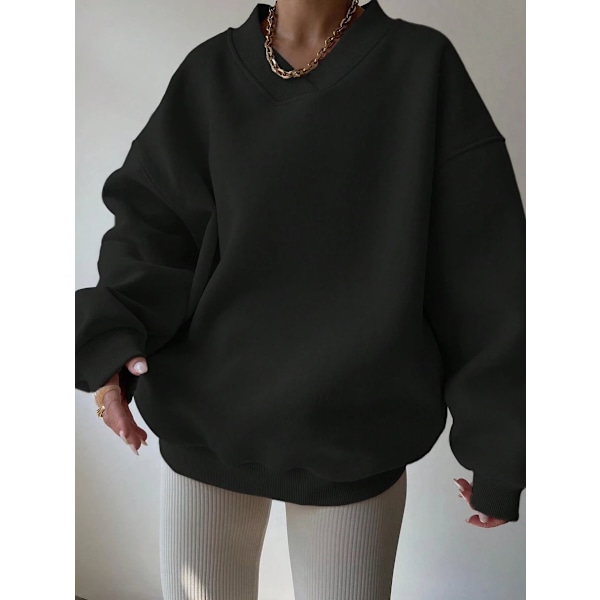 2024 efterår ny afslappet dame ensfarvet langærmet rund hals sweatshirt løs stor størrelse sweatshirt black M