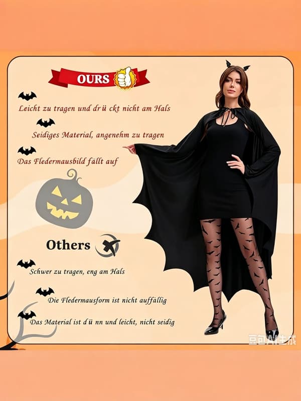 Halloween Flagermuskappe, Hætteklædt Heksesjal til voksne, Sort Cosplay-kappe